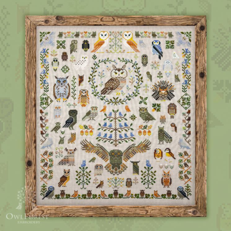 0100-Сов-Н-3Bf1  Набор для вышивания «100 сов» натуральный льняной
